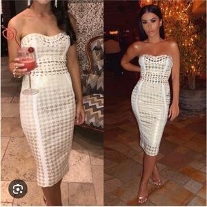 House of CB Cream Gold Embellished Strapless Cocktail Dress Size M